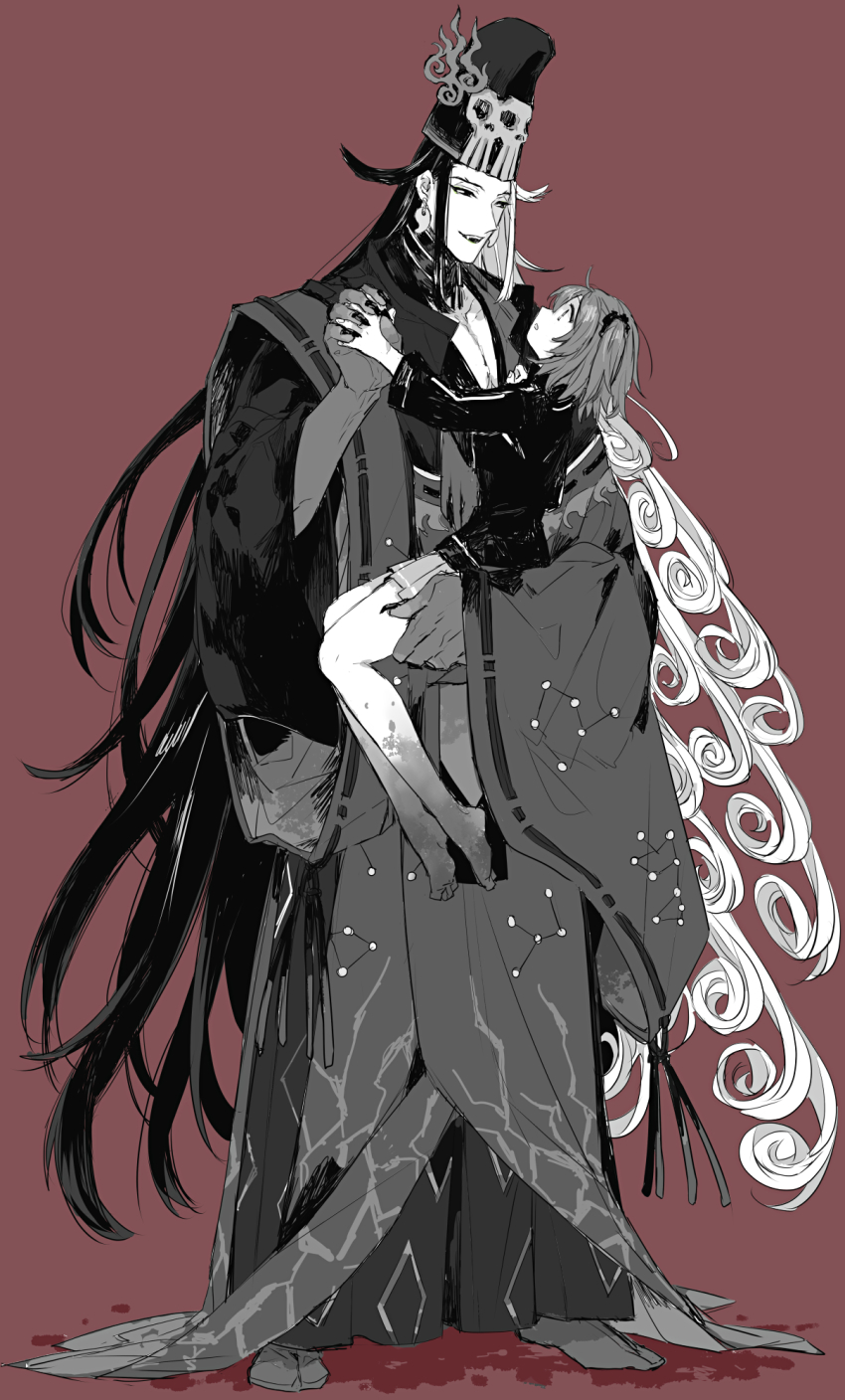 1boy, 1girl, abs, alternate_hairstyle, ashiya_douman_(fate), ashiya_douman_(third_ascension)_(fate), asymmetrical_hair, bell