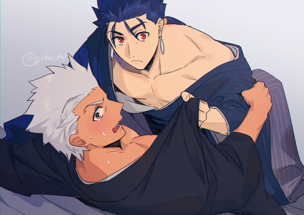 2boys, :d, alternate_costume, archer_(fate), blue_hair, boy_on_top, commentary_request, cu_chulainn_(fate)