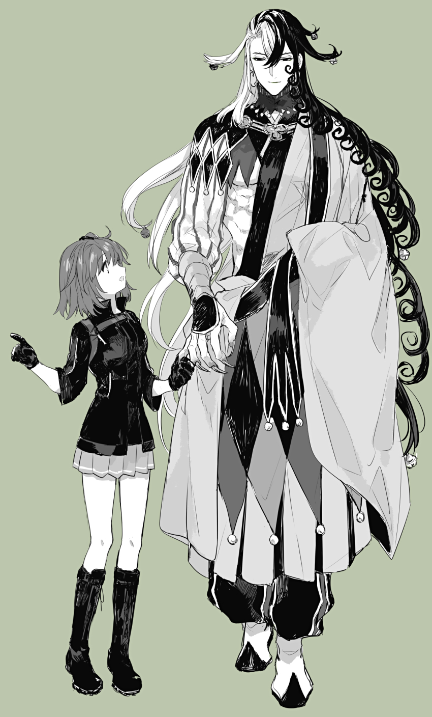 1boy, 1girl, abs, ahoge, ashiya_douman_(fate), asymmetrical_clothes, asymmetrical_hair, bell