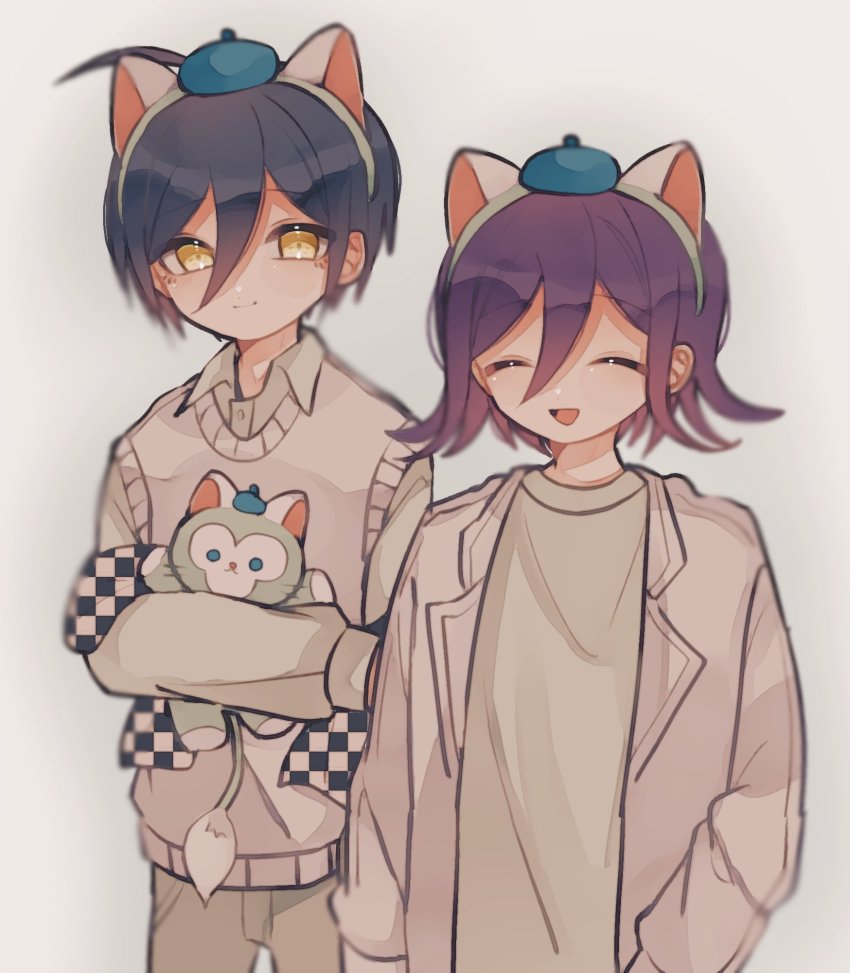 :d, ahoge, alternate_costume, animal_ear_headphones, animal_ears, bad_id, bad_twitter_id, beige_pants