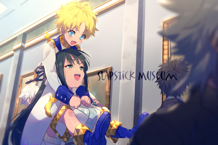 1girl, 4boys, amakusa_shirou_(fate), black_hair, black_suit, blonde_hair, blue_eyes, blush