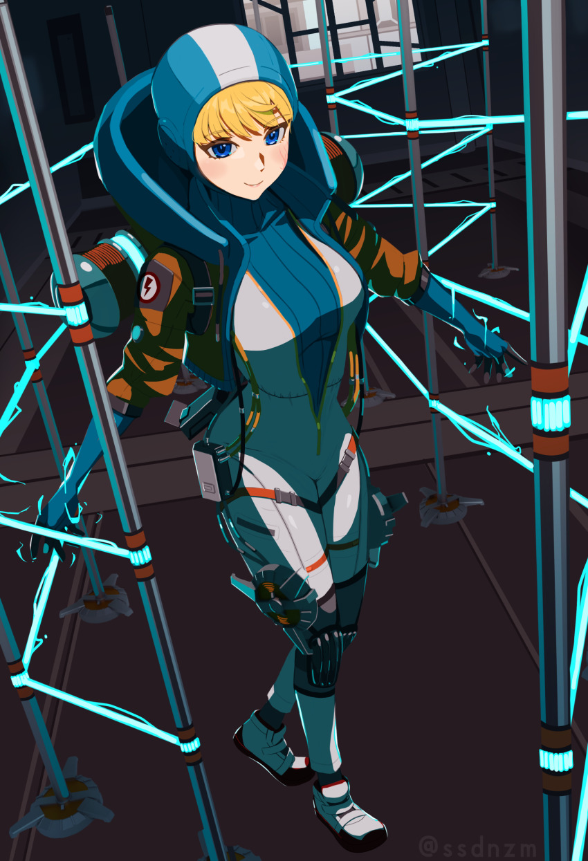 1girl, animification, apex_legends, artist_name, blonde_hair, blue_eyes, blue_sweater, blush