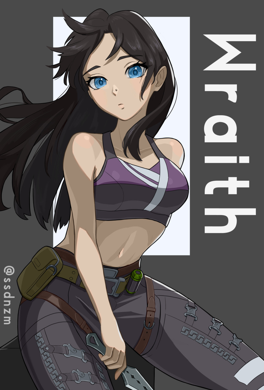 1girl, absurdres, alternate_hairstyle, animification, apex_legends, artist_name, belt, black_hair, blue_eyes, bra, breasts, brown_belt, character_name, dangoyan, face_piercing, floating_hair, grey_pants, hair_behind_ear, head_tilt, highres, holding, holding_knife, hope's_dusk_(apex_legends), knife, leaning_forward, light_blush, long_hair, looking_at_viewer, medium_breasts, midriff, navel, nose_piercing, pants, piercing, purple_bra, solo, sports_bra, underwear, wraith_(apex_legends)