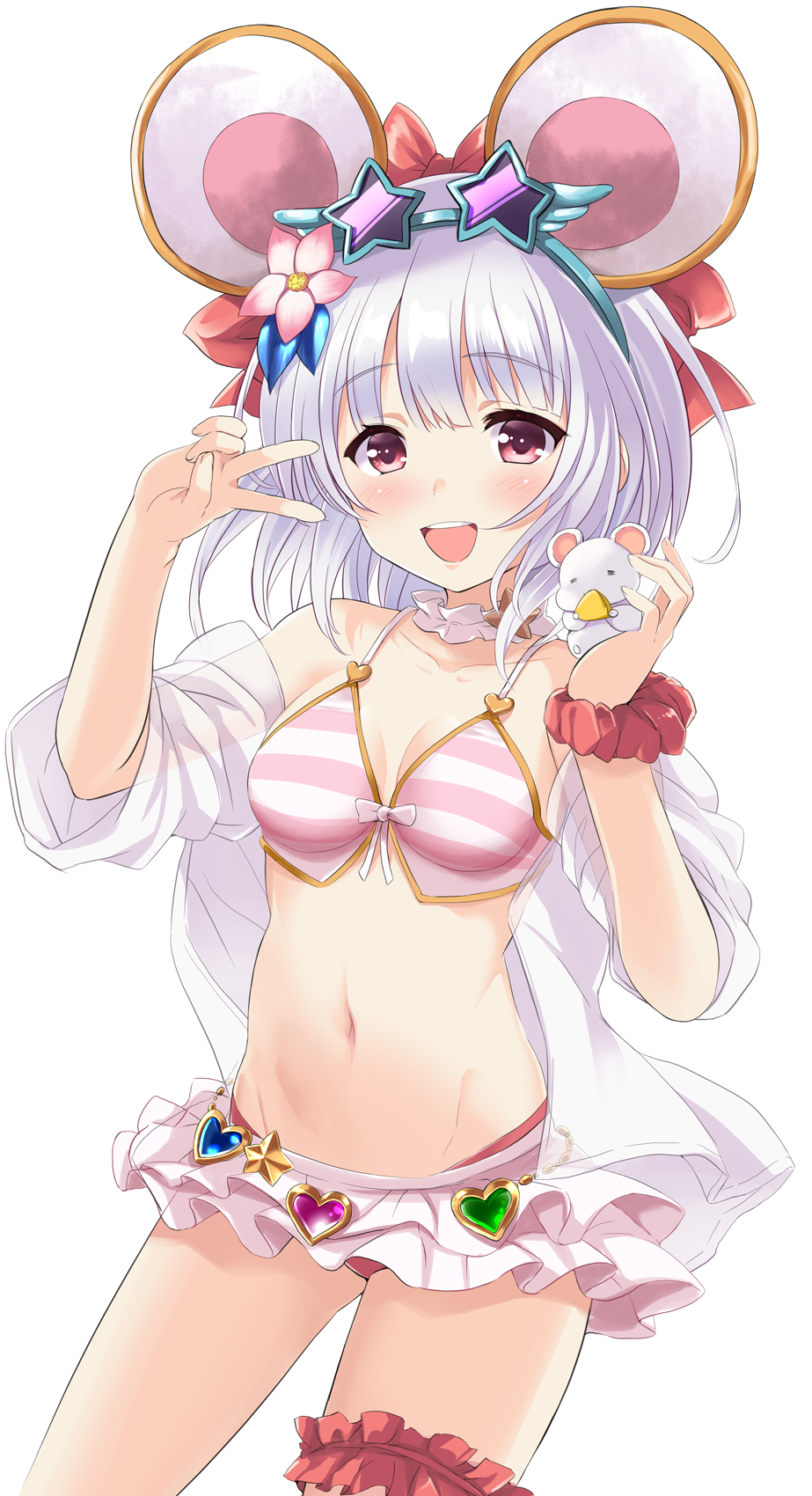1girl, :d, animal_ears, bikini, blouse, blush, breasts, brooch