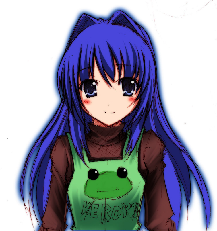 1girl, blue_eyes, blue_hair, female_focus, frog, green_overalls, hair_intakes, kanon, kanzaki, keropi, keropii, long_hair, matching_hair/eyes, minase_nayuki, overalls, print_overalls, solo, sweater