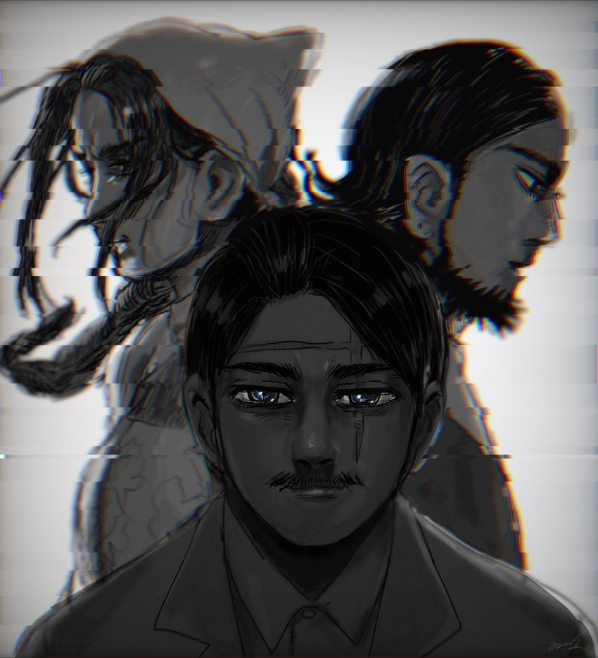 1girl, 2boys, ankokumiya_(dakhma), beard, black_hair, blue_eyes, ear_piercing, facial_hair