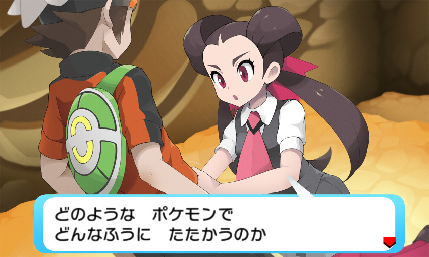 1boy, 1girl, bag, beanie, brendan_(pokemon), brown_footwear, brown_hair, collared_shirt, commentary_request, dialogue_box, dress, eyelashes, green_bag, grey_dress, gym_leader, hair_ribbon, hair_rings, hat, highres, indoors, kim_da-yoon, kneeling, long_hair, necktie, nintendo, pantyhose, pink_neckwear, pink_ribbon, pokemon, pokemon_gym, pokemon_omega_ruby_and_alpha_sapphire, purple_pantyhose, ribbon, roxanne_(pokemon), shirt, shoes, short_sleeves, sleeveless, sleeveless_dress, translation_request, twintails, video_game_dialogue_box, white_shirt