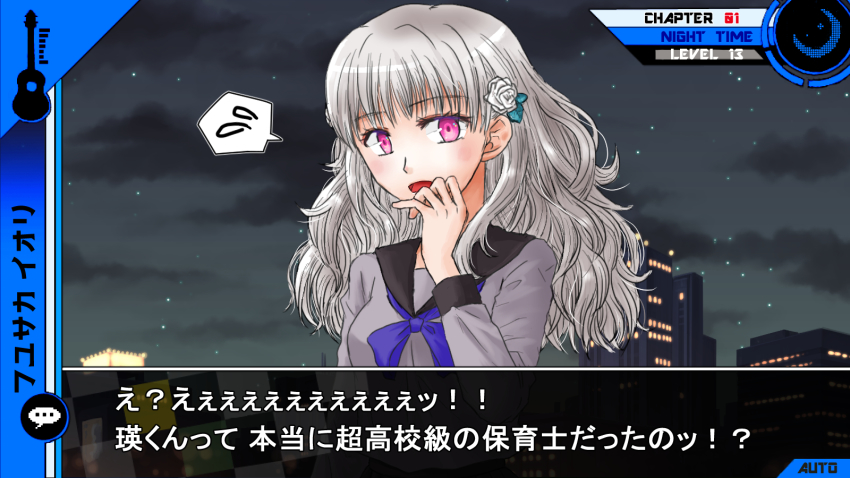 azumaya_akira, building, danganronpa_(series), fuyusaka_iori, guitar, hair_ornament, heads-up_display, highres