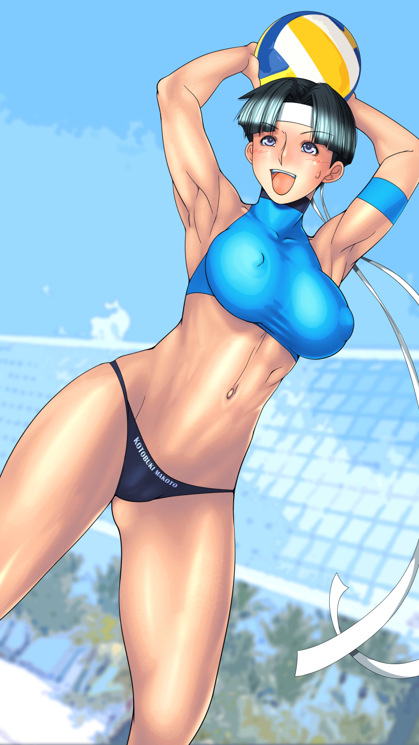 1girl, absurdres, armpits, arms_up, ball, bandana, beachball, bikini, black_hair, breasts, character_name, cleavage, highres, kotobuki_makoto, mach_breakers, midriff, namco, navel, numan_athletics, outdoors, purple_eyes, qkat_(arikawa-dou), short_hair, source_request, swimsuit, volleyball_(object), volleyball_net