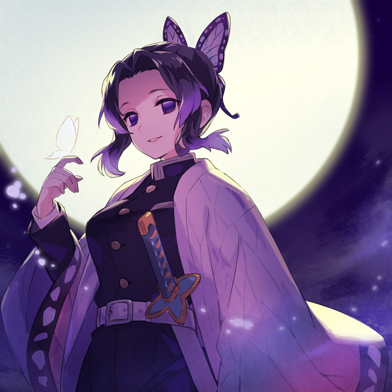 1girl, ame8desu, belt, black_hair, breasts, bug, butterfly, butterfly_hair_ornament, butterfly_on_hand, empty_eyes, forehead, gradient_hair, hair_intakes, hair_ornament, haori, insect, japanese_clothes, katana, kimetsu_no_yaiba, kochou_shinobu, long_sleeves, looking_at_viewer, medium_breasts, military, military_uniform, moon, moonlight, multicolored_hair, parted_bangs, parted_lips, purple_eyes, purple_hair, short_hair, smile, solo, sword, weapon