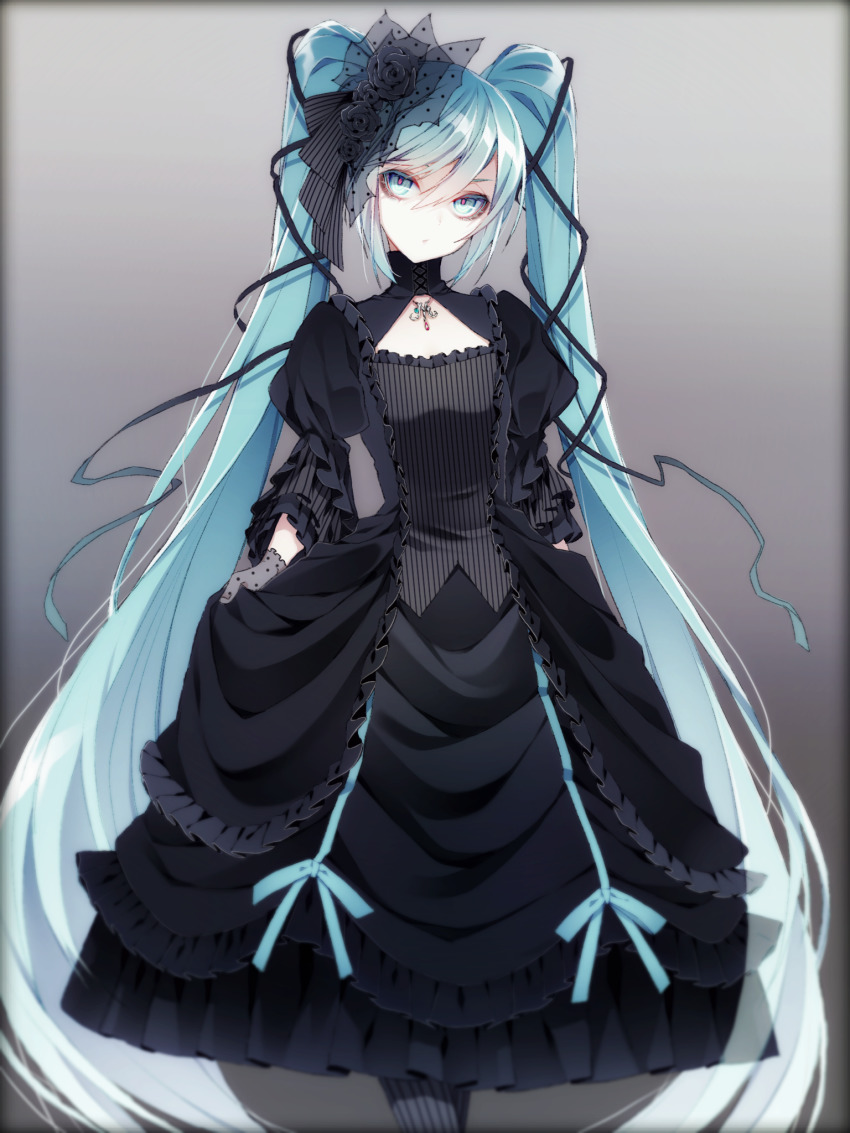 1055, 1girl, absurdly_long_hair, black_bow, black_dress, black_flower, black_rose, blue_eyes