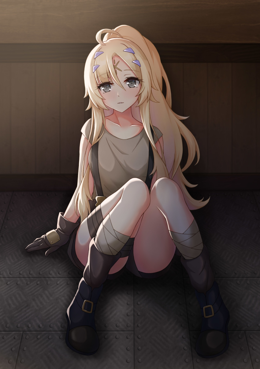 1girl, absurdres, against_wall, ahoge, bandaged_leg, bandages, black_shorts, blonde_hair