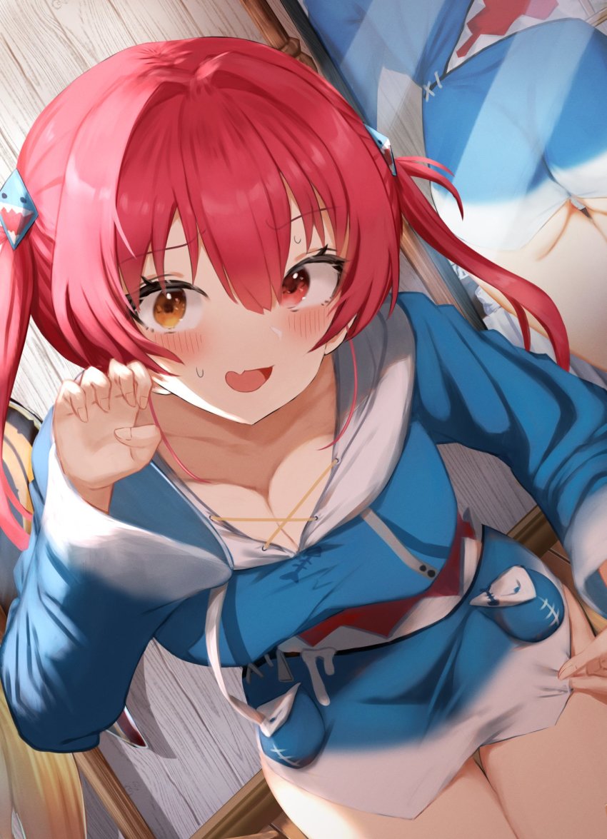 1girl, ass, blue_hoodie, blush, breasts, claw_pose, cleavage, cosplay