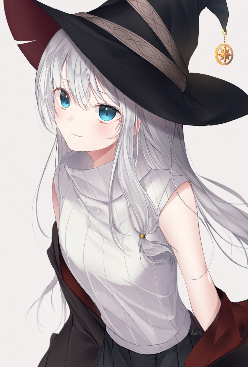 1girl, black_hat, black_jacket, blue_eyes, blush, elaina_(majo_no_tabitabi), grey_sweater, hair_between_eyes, hat, highres, jacket, long_hair, looking_afar, majo_no_tabitabi, nellku24, off_shoulder, ribbed_sweater, sidelocks, sleeveless, sleeveless_turtleneck, smile, solo, sweater, turtleneck, witch_hat