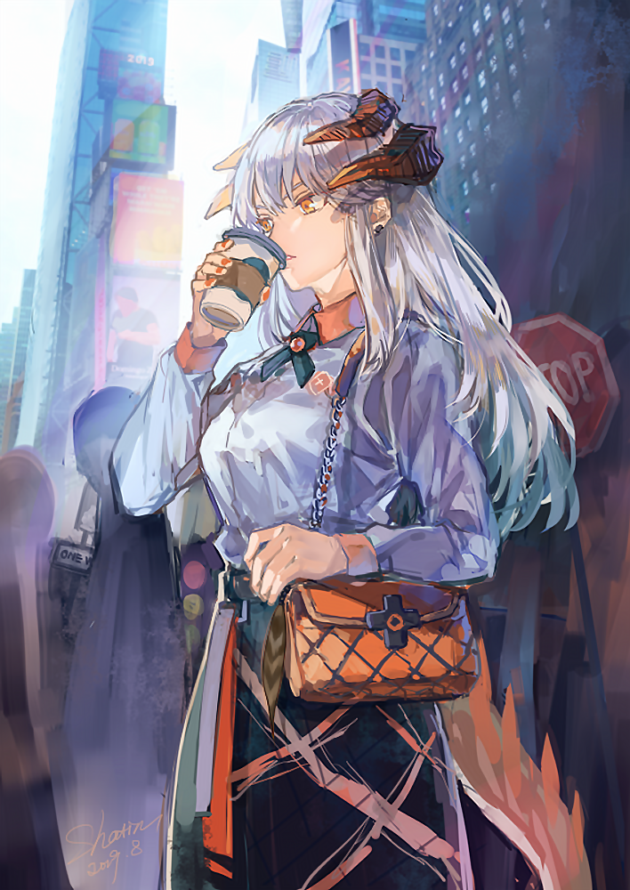 1girl, arknights, bag, casual, coffee, collared_shirt, cup, disposable_coffee_cup, disposable_cup, dragon_girl, dragon_horns, drinking, horns, looking_afar, orange_bag, orange_eyes, pomelo_(ice_blue585), saria_(arknights), shirt, shoulder_bag, skirt, solo, tail, traffic_light, white_hair
