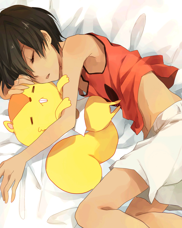 00s, 1boy, bad_id, bad_pixiv_id, blanket, doll, closed_eyes, ikezawa_kazuma