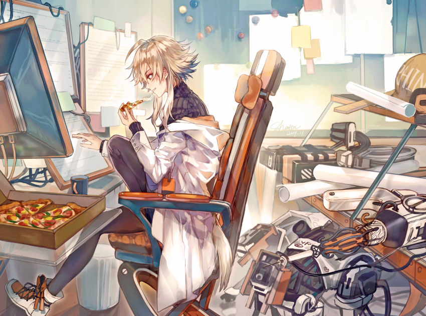 ahoge, arknights, chair, coat, cup, eating, food, food_in_mouth, joints, lab_coat, mayer_(arknights), medium_hair, messy_room, mug, pantyhose, pizza, pomelo_(ice_blue585), robot, robot_joints, room, shoes, short_hair, sidelocks, sitting, sneakers, thighhighs, tomboy