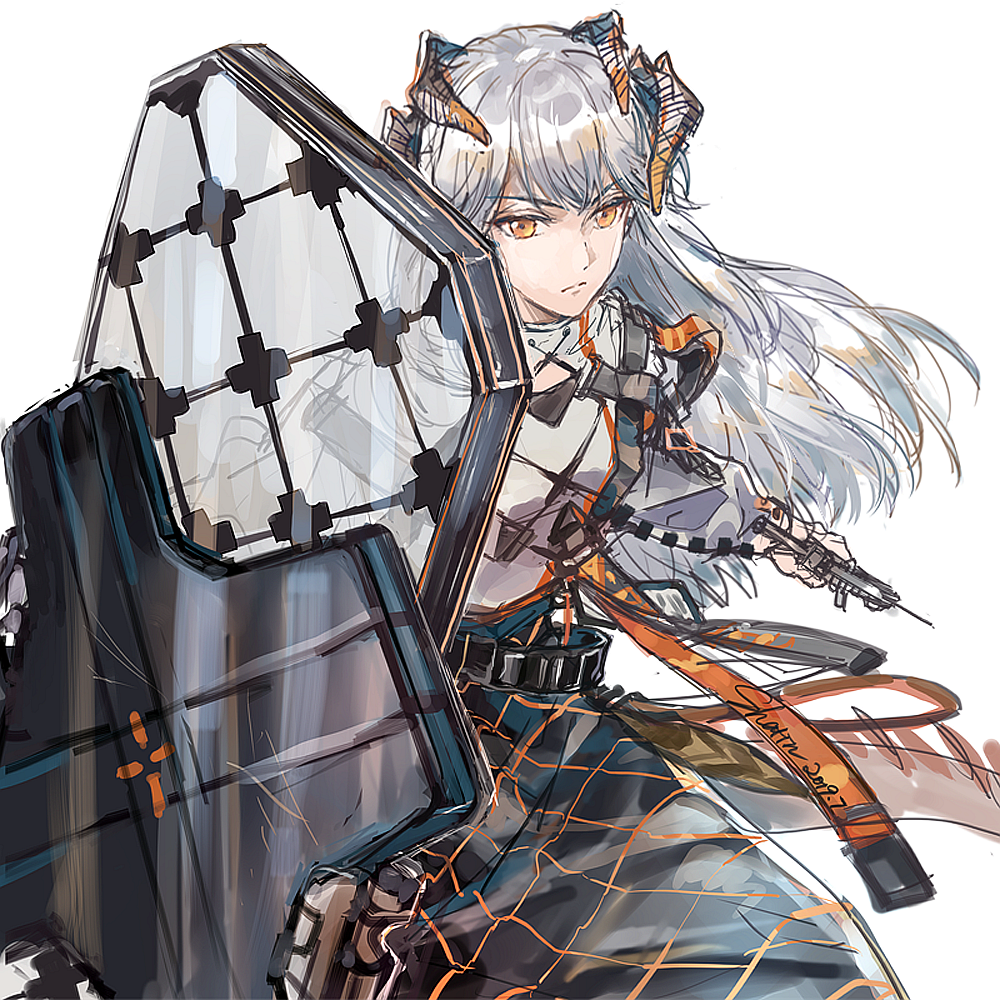 arknights, dragon_girl, dragon_horns, horns, long_hair, long_skirt, orange_eyes, pomelo_(ice_blue585), saria_(arknights), shield, simple_background, skirt, solo, weapon, white_background, white_hair