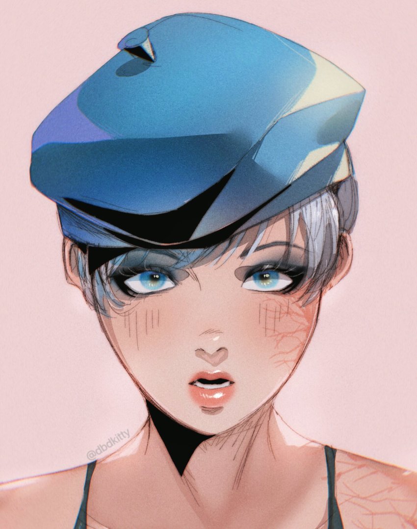1girl, alternate_hair_color, apex_legends, artist_name, bad_id, bad_pixiv_id, beret, blue_eyes, blue_eyeshadow, blue_hat, blush, bra_strap, collarbone, commentary, english_commentary, eyeshadow, facial_scar, hair_behind_ear, hat, haute_drop_wattson, highres, kitty_keihara, lichtenberg_figure, makeup, open_mouth, pink_background, scar, scar_on_cheek, scar_on_face, short_hair, silver_hair, solo, upper_body, wattson_(apex_legends)