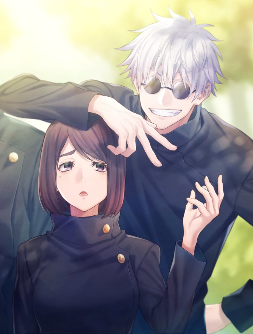 1boy, 1girl, 1other, black_eyes, black_hair, black_jacket, facing_viewer, gakuran