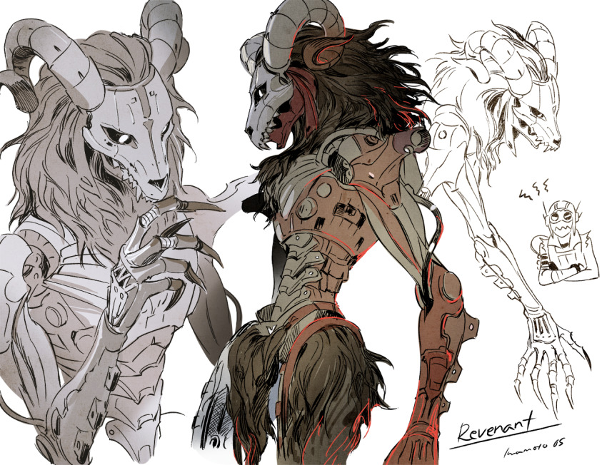 2boys, annoyed, apex_legends, artist_name, black_hair, character_name, claws, crossed_arms, goat_horns, goggles, horns, humanoid_robot, iwamoto_zerogo, long_hair, looking_down, looking_up, multiple_boys, multiple_views, octane_(apex_legends), open_hand, radio_antenna, revenant_(apex_legends), robot, science_fiction, unholy_beast_revenant, white_background, white_eyes