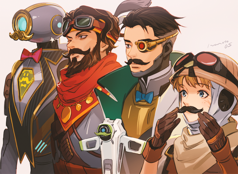 1girl, 3boys, alternate_costume, apex_legends, beard, beige_scarf, black_eyes, blonde_hair, blue_eyes, blue_neckwear, blush, bow, bowtie, crypto_(apex_legends), drone, facial_hair, fake_facial_hair, fake_mustache, fool's_gold_mirage, goggles, goggles_on_head, goggles_on_headwear, hair_behind_ear, helmet, heterochromia, humanoid_robot, iwamoto_zerogo, mirage_(apex_legends), monocle, multiple_boys, mustache, one-eyed, one_eye_closed, one_eye_covered, orange_headwear, outlands_explorer_wattson, pathfinder_(apex_legends), red_eyes, red_neckwear, red_scarf, robot, scarf, seeker_of_knowledge_crypto, srvn_mrvn_pathfinder, steampunk, undercut, upper_body, wattson_(apex_legends), white_background