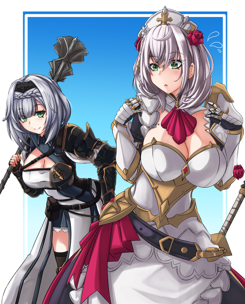 2girls, :o, absurdres, belt, black_belt, black_hairband, blue_skirt, breasts, cleavage, cleavage_cutout, clothing_cutout, combat_maid, cosplay, costume_switch, crossover, dress, flower, genshin_impact, green_eyes, hair_behind_ear, hair_flower, hair_ornament, hairband, highres, hololive, huge_filesize, large_breasts, leaning_forward, look-alike, medium_hair, mole, mole_on_breast, multiple_girls, name_connection, nekol, noelle_(genshin_impact), noelle_(genshin_impact)_(cosplay), open_hands, open_mouth, red_flower, red_rose, rose, shirogane_noel, shirogane_noel_(1st_costume), shirogane_noel_(cosplay), silver_hair, skirt, smile, sword, virtual_youtuber, weapon, white_dress