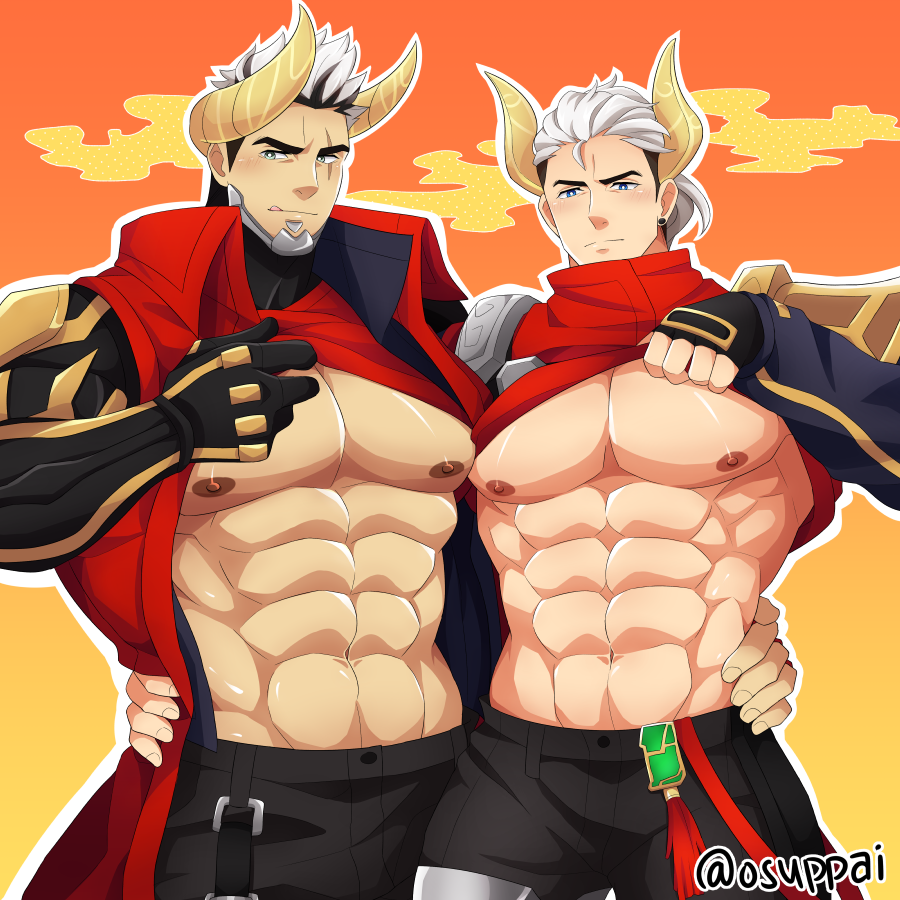 2boys, abs, bara, bare_pectorals, black_hair, black_pants, blush, bulge, character_request, chinese_zodiac, clothes_lift, coat, cow_horns, cowboy_shot, darius_(league_of_legends), green_eyes, hand_on_another's_waist, horns, jarvan_iv_(league_of_legends), kaiki_(osuppai), large_pectorals, league_of_legends, lifting_own_clothes, looking_at_viewer, lunar_beast_darius, male_focus, mature_male, multicolored_hair, multiple_boys, muscular, muscular_male, navel, nipples, official_alternate_costume, pants, pectoral_docking, pectoral_press, pectorals, red_coat, shirt_lift, short_hair, sideburns, stomach, two-tone_hair, white_hair, yaoi, year_of_the_ox
