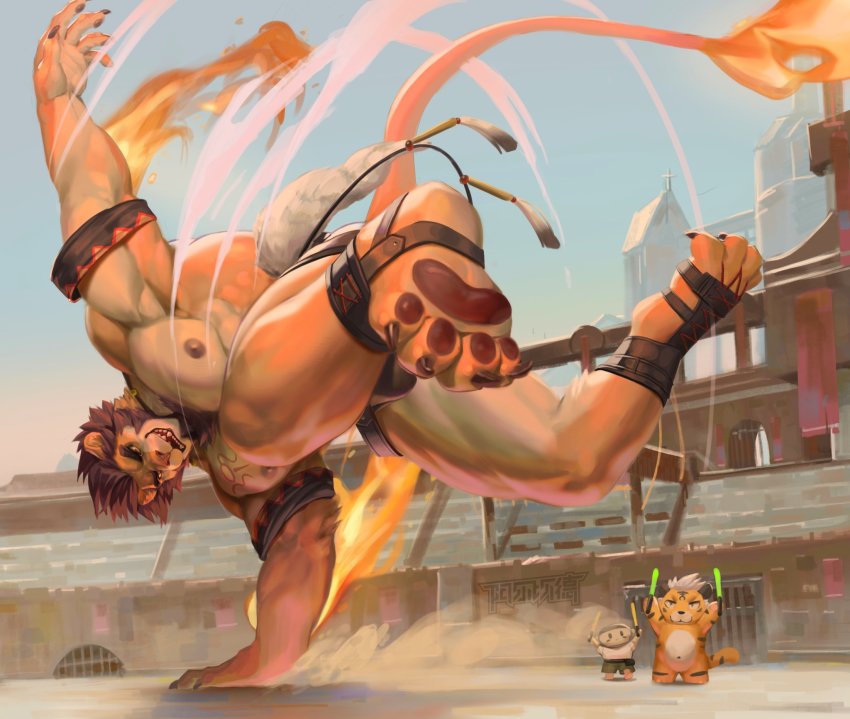 1boy, alca_(wakatanka4), alca_the_lion, animal_ears, bara, beard, black_male_underwear, briefs, brown_hair, bulge, commission, facial_hair, feet, fiery_tail, fighting_stance, fire, flame-tipped_tail, full_body, furrification, furry, furry_male, highres, incoming_attack, kicking, large_pectorals, lion_boy, lion_ears, lion_tail, male_focus, male_underwear, mature_male, motion_lines, muscular, muscular_legs, muscular_male, nipples, original, pectorals, red_eyes, short_hair, soles, solo, stuffed_toy, tail, thick_eyebrows, thighs, topless_male, underwear, wball_(ballballwolf)