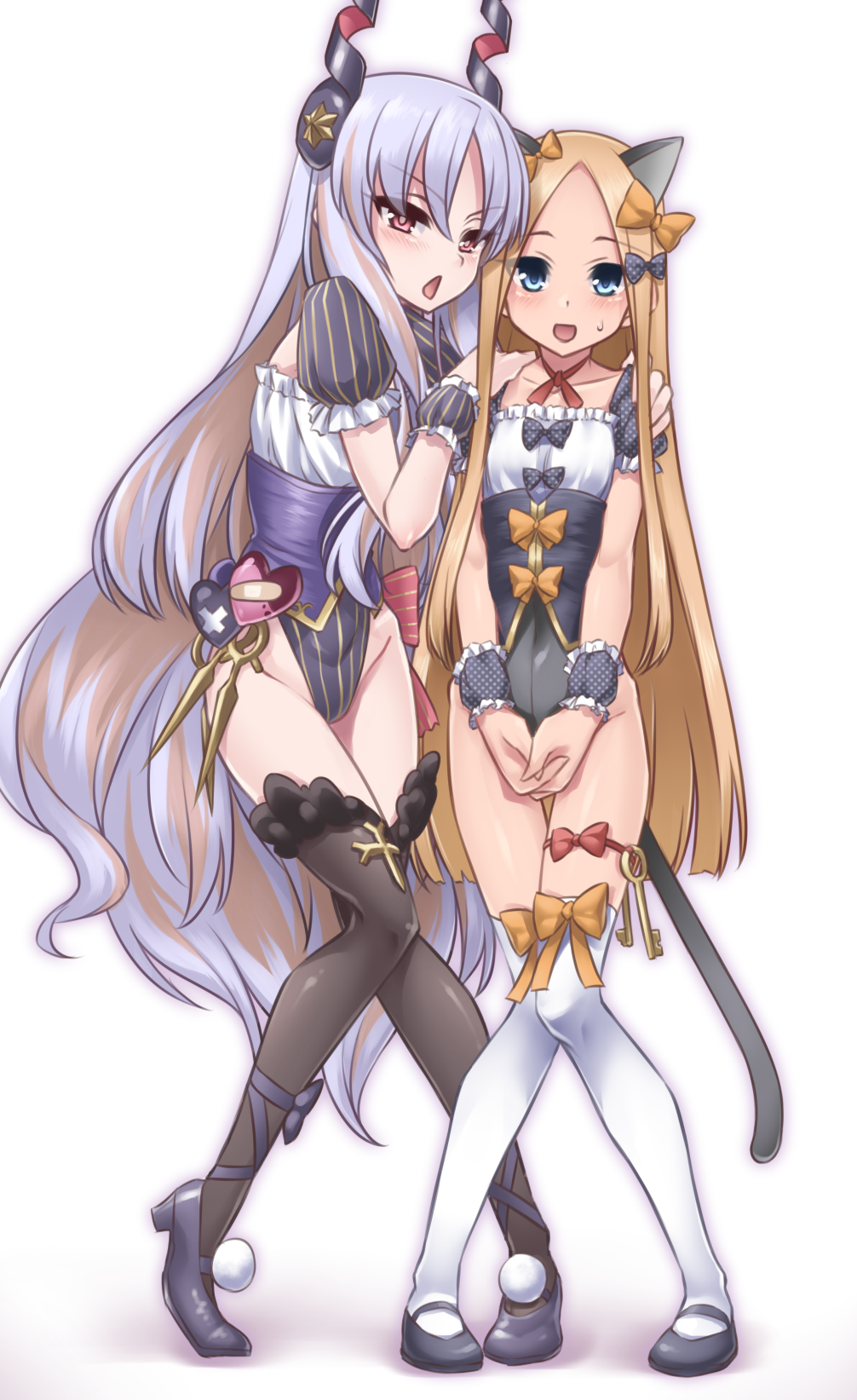 2girls, abigail_williams_(fate), animal_ears, black_footwear, black_legwear, blonde_hair, blue_eyes, blush, bow, breasts, caren_hortensia, caren_hortensia_(amor_caren)_(third_ascension), caren_hortensia_(cosplay), cat_ears, cat_tail, collarbone, corset, cosplay, fate/grand_order, fate_(series), forehead, frills, full_body, galbany_(tsgororin), hair_bow, hair_ornament, highleg, highleg_leotard, highres, leotard, long_hair, looking_at_viewer, medium_breasts, multiple_bows, multiple_girls, open_mouth, parted_bangs, pink_bow, pink_eyes, puffy_short_sleeves, puffy_sleeves, short_sleeves, sidelocks, small_breasts, smile, tail, thighhighs, thighs, very_long_hair, wavy_hair, white_hair, white_legwear, wrist_cuffs