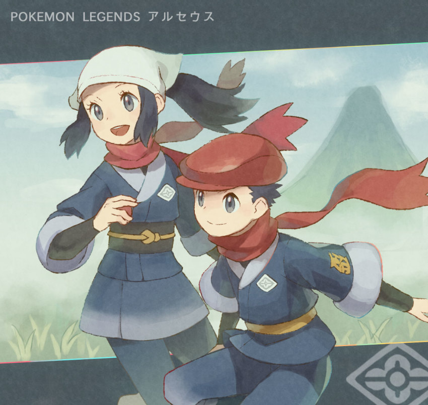 1boy, 1girl, ainu_clothes, akari_(pokemon), ametani_kuko, black_hair, closed_mouth, commentary_request, copyright_name, eyelashes, floating_hair, floating_scarf, grey_eyes, hand_up, headscarf, holding, holding_poke_ball, nintendo, open_mouth, poke_ball, pokemon, pokemon_legends:_arceus, red_scarf, rei_(pokemon), sash, scarf, short_hair, sidelocks, smile, teeth, tongue, white_headscarf