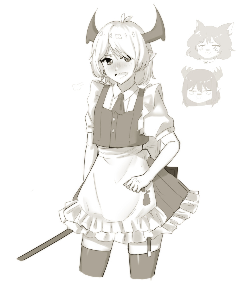 1boy, apron, garter_straps, highres, maeda_minoru_(umisaki), maid_apron, maid_headdress, monochrome, original, puffy_sleeves, simple_background, thighhighs, umisaki, white_background