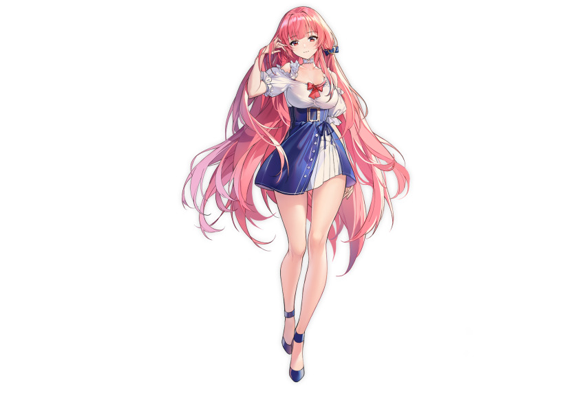 1girl, azur_lane, blue_dress, blue_footwear, dress, fireworks, hair_ornament, hand_in_own_hair