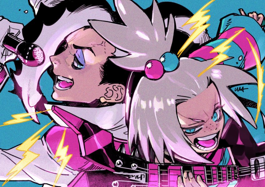 1boy, 1girl, bass_guitar, black_hair, commentary_request, eyeshadow, film_grain, forehead