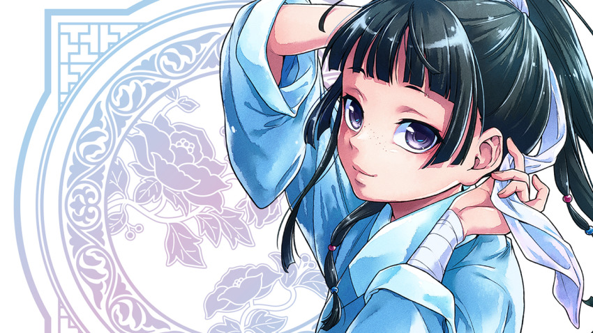 1girl, black_hair, chinese_clothes, freckles, kusuriya_no_hitorigoto, light_smile, long_hair, looking_at_viewer