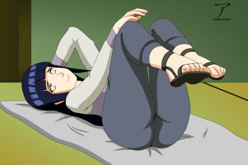 1girl, arekusanderu, black_hair, feet, female_focus, hyuuga_hinata, indoors, looking_at_viewer, medium_hair, naruto_(series), naruto_shippuuden, sandals, smile, solo, tagme, white_eyes