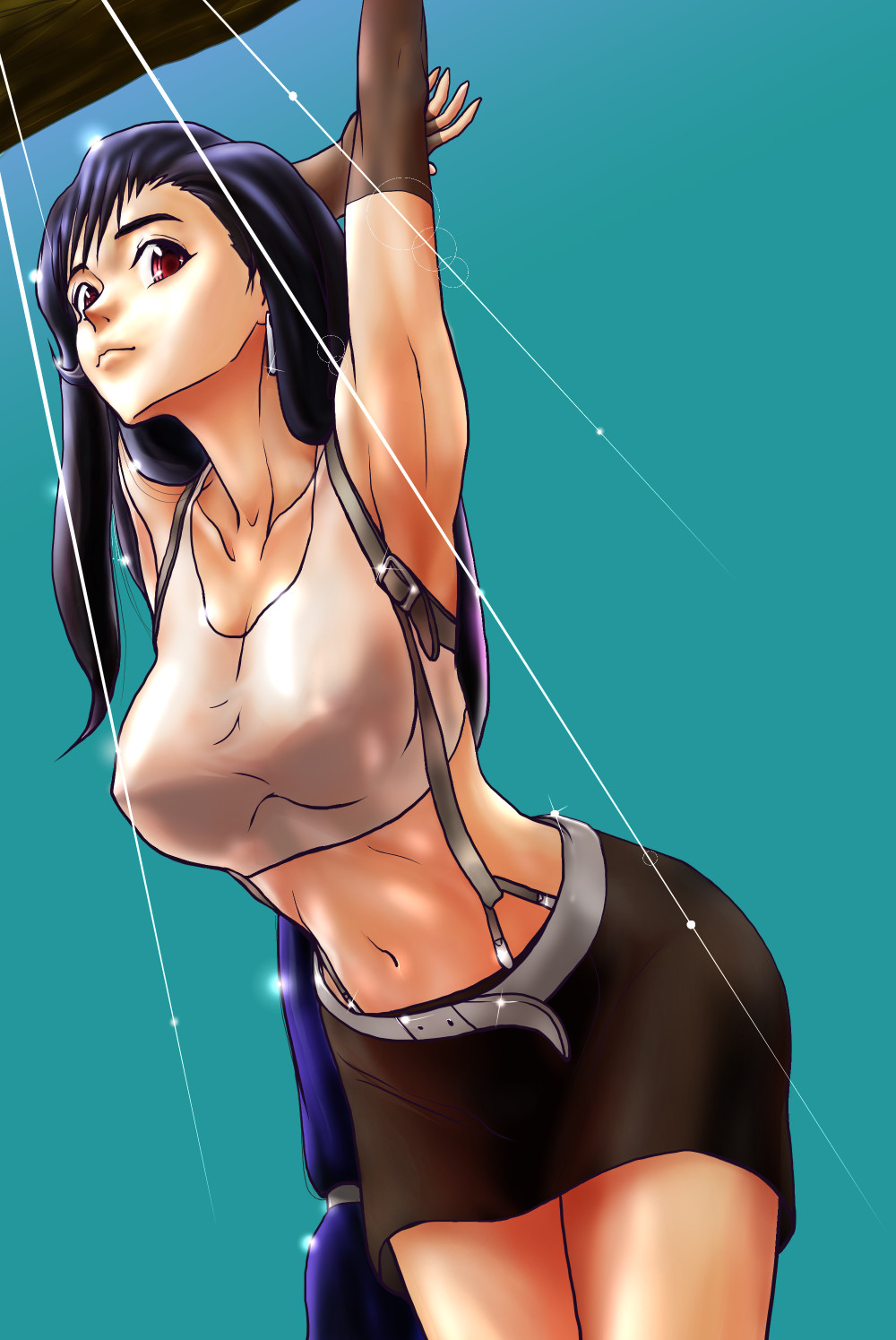 1girl, belt, black_hair, black_skirt, breasts, cleavage, crop_top, earrings, final_fantasy, final_fantasy_vii, floating_earrings, grey_belt, highres, jewelry, leaning_forward, light, long_hair, low-tied_long_hair, medium_breasts, midriff, navel, red_eyes, riderman_(sword-dream), shirt, simple_background, skirt, solo, suspender_skirt, suspenders, swept_bangs, tifa_lockhart, very_long_hair, white_shirt