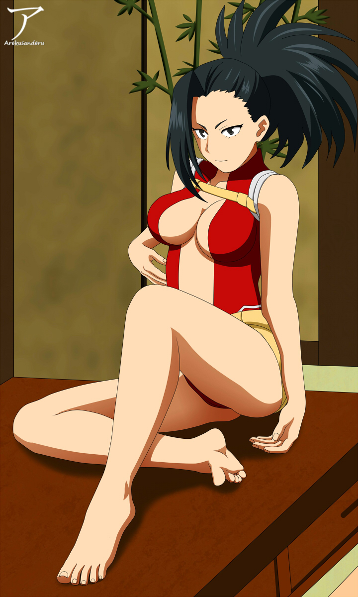 1girl, arekusanderu, bare_legs, bare_shoulders, barefoot, black_eyes, black_hair, boku_no_hero_academia