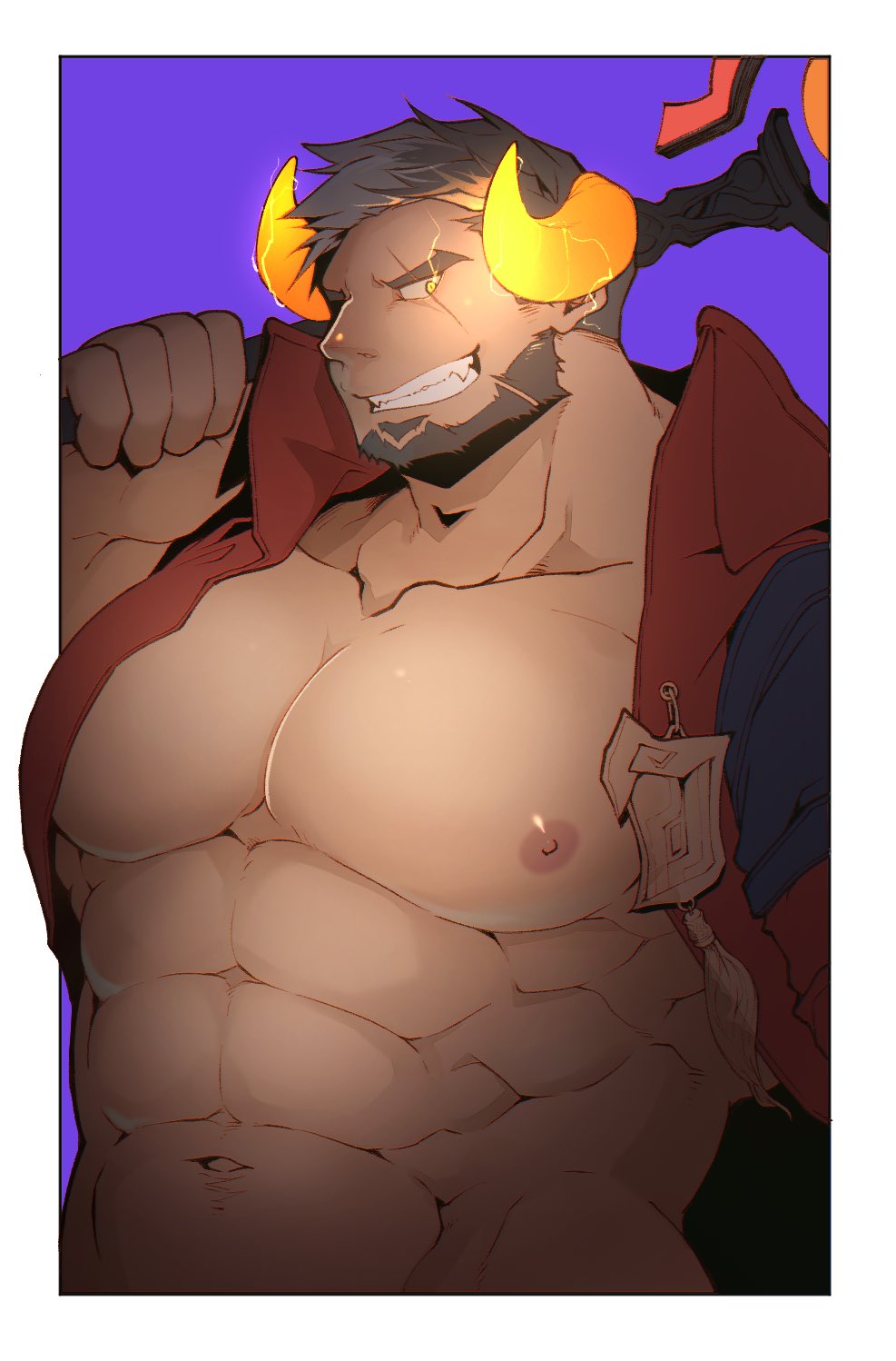 1boy, abs, bara, bare_pectorals, beard, black_hair, chinese_zodiac, cow_horns