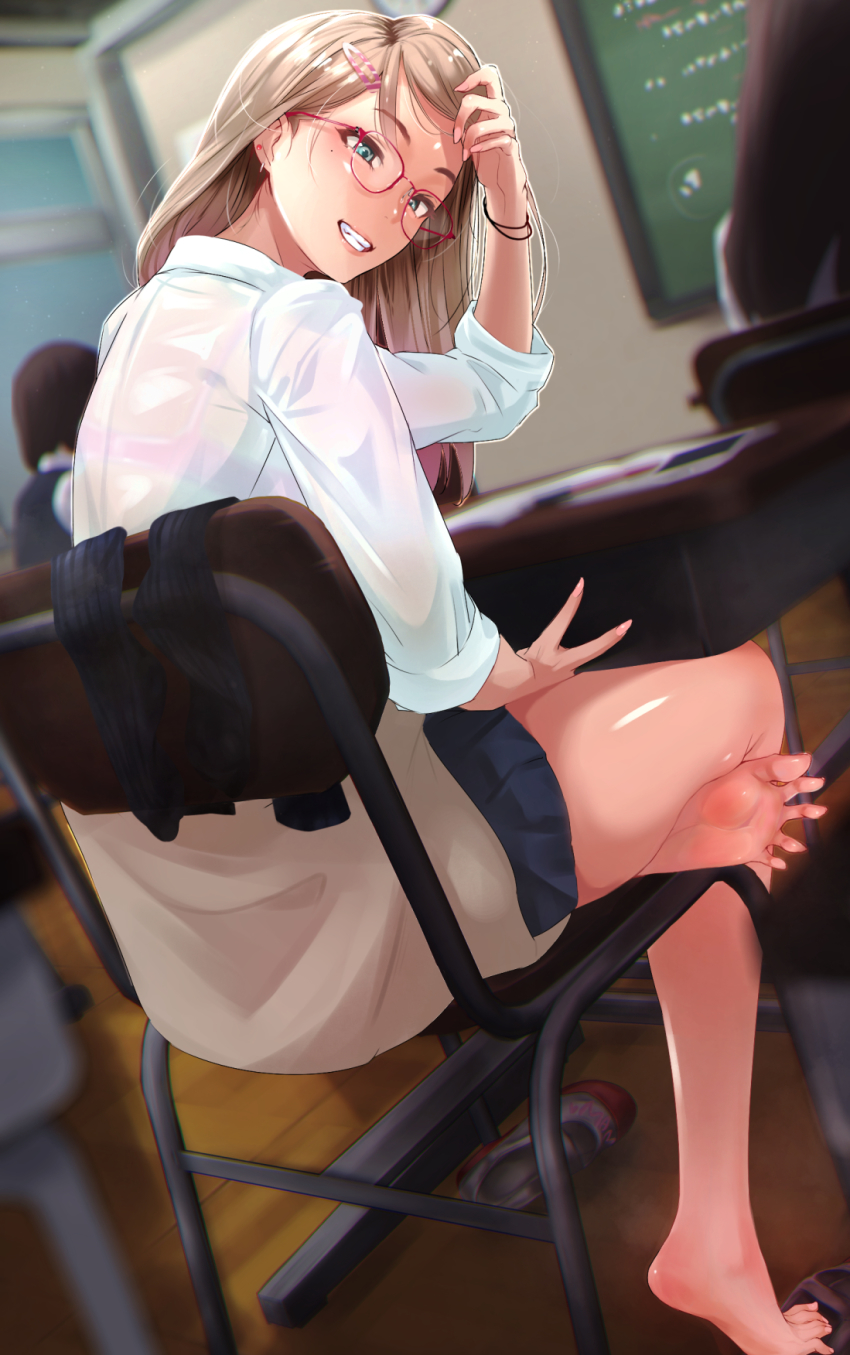 3girls, back, barefoot, black_hair, blonde_hair, blue_eyes, blush, chair