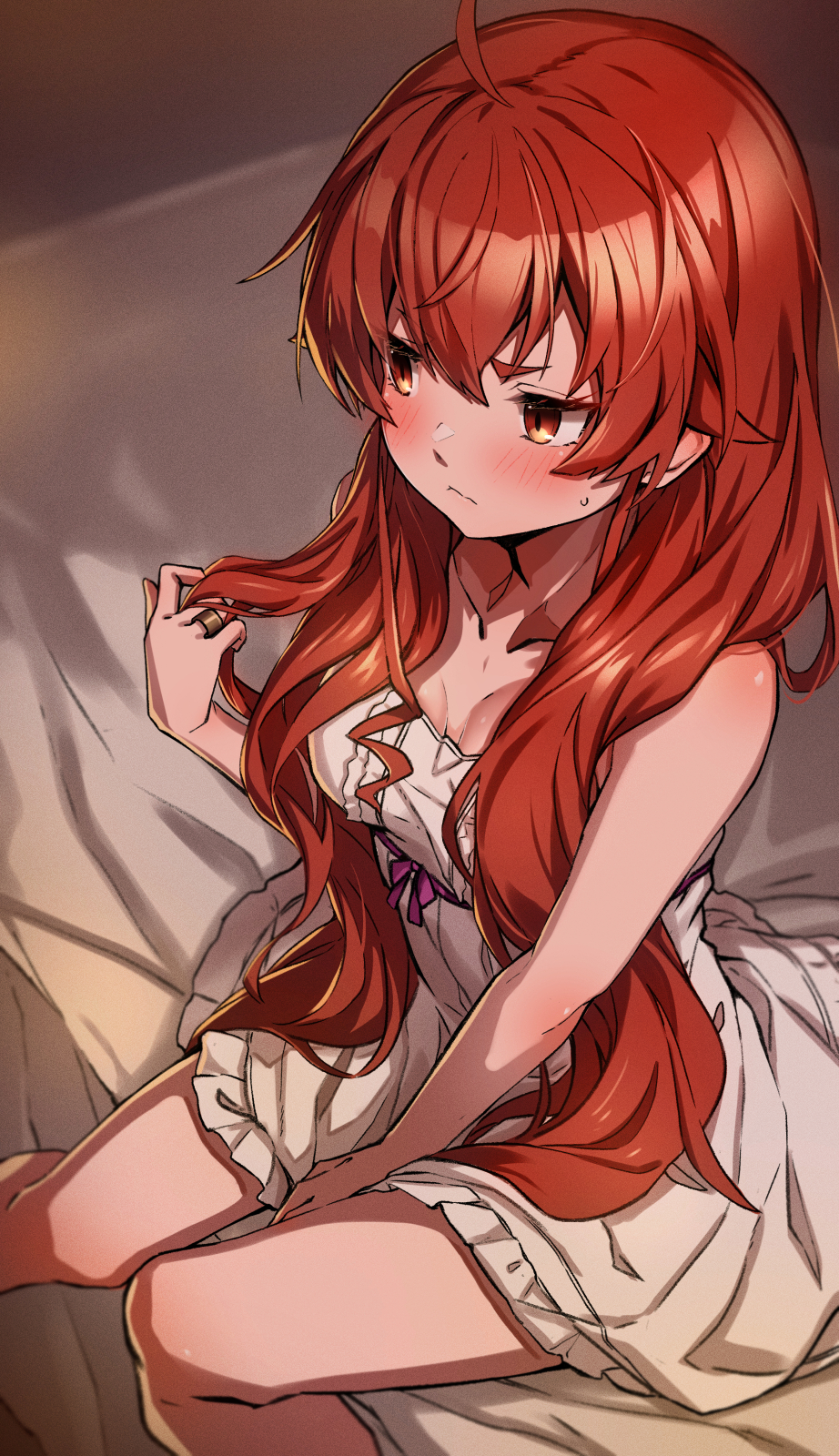 1girl, bare_shoulders, blush, breasts, brown_eyes, covering_crotch, covering_privates, dress