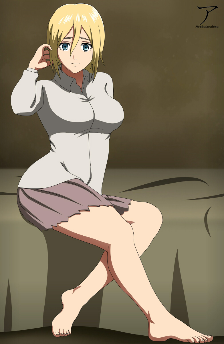 1girl, aqua_eyes, arekusanderu, barefoot, bed, blonde_hair, breasts, closed_mouth