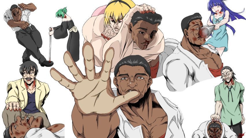 3boys, 3girls, akasaka_mamoru, artist_request, baseball_bat, blonde_hair, character_request, choke_hold, cosplay, crossover, dark-skinned_male, dark_skin, death, furude_rika, grappler_baki, green_hair, highres, higurashi_no_naku_koro_ni, hoshi_souichirou, katana, kimiyoshi_kiichirou, maebara_keiichi, maebara_keiichi_(cosplay), multiple_boys, multiple_girls, murder, muscular, outstretched_hand, palm, parody, sonozaki_akane, strangling, style_parody, sword, voice_actor_connection, weapon
