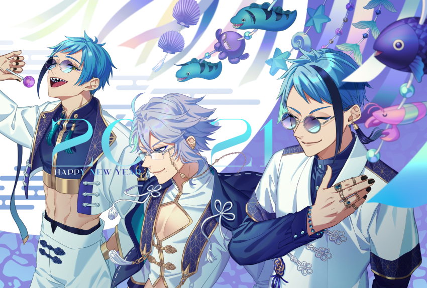 2021, 3boys, ahoge, alternate_costume, asa_no_ha_(pattern), azul_ashengrotto, black_nails, blue-tinted_eyewear, blue_eyes, blue_hair, blue_theme, blurry, blurry_foreground, bracelet, brothers, buttons, candy, character_doll, chinese_clothes, cleavage_cutout, closed_eyes, closed_mouth, clothing_cutout, commentary_request, crop_top, cropped_jacket, doll, ear_piercing, earrings, eel, egasumi, eyeliner, eyewear_strap, fish, floyd_leech, food, glasses, gold_trim, grey-framed_eyewear, hand_in_pocket, hand_on_own_chest, hand_up, happy_new_year, highres, holding, holding_candy, holding_food, holding_lollipop, jacket, jade_leech, jewelry, lapels, light_blue_hair, lollipop, long_sleeves, looking_at_another, makeup, male_focus, mandarin_collar, mole, mole_under_mouth, multicolored_hair, multiple_boys, nail_polish, navel, new_year, octopus, one_eye_closed, open_mouth, over-rim_eyewear, pants, piercing, ribbon_trim, ring, round_eyewear, semi-rimless_eyewear, sharp_teeth, shell, short_hair, shrimp, siblings, siiisuuu, smile, starfish, stole, stomach, streaked_hair, tassel, tassel_earrings, teeth, tinted_eyewear, toggles, twisted_wonderland, two-tone_hair, upper_teeth_only, white_jacket, white_pants, yellow_eyes