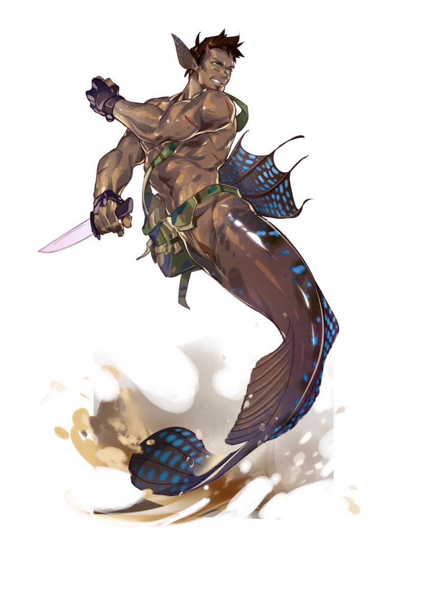 1boy, abs, absurdres, bara, brown_tail, completely_nude, crrispy_shark, dagger