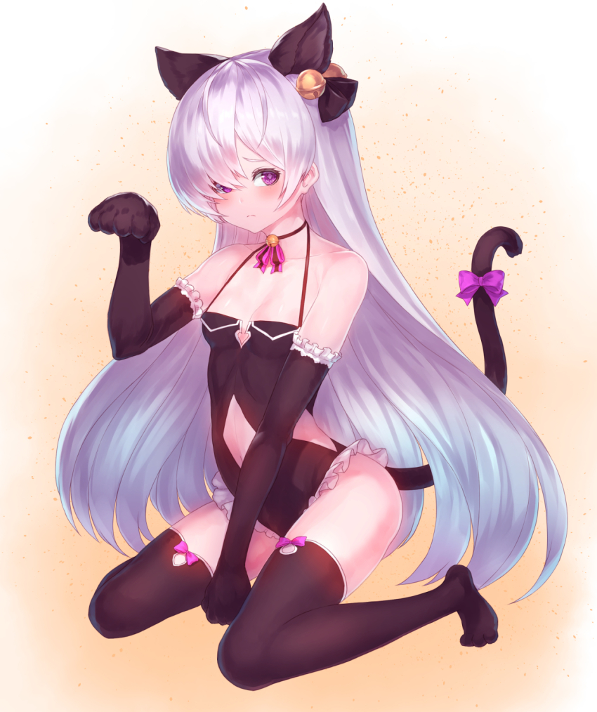 1girl, animal_hands, arm_support, bad_id, bad_pixiv_id, bare_shoulders, bell, black_gloves, black_thighhighs, cat_girl, cat_tail, clothing_cutout, collarbone, elbow_gloves, eyelashes, frilled_gloves, frilled_leotard, frills, full_body, gloves, hair_over_one_eye, halterneck, highres, jingle_bell, king's_raid, kittysuit, kneeling, lavril_(king's_raid), leotard, loli, long_hair, looking_at_viewer, navel, navel_cutout, neck_bell, nontraditional_playboy_bunny, paw_gloves, paw_pose, purple_eyes, ribbon, side_cutout, silver_hair, solo, tail, tail_ornament, tail_ribbon, thighhighs, very_long_hair, yu_mochi_(kamiinu)