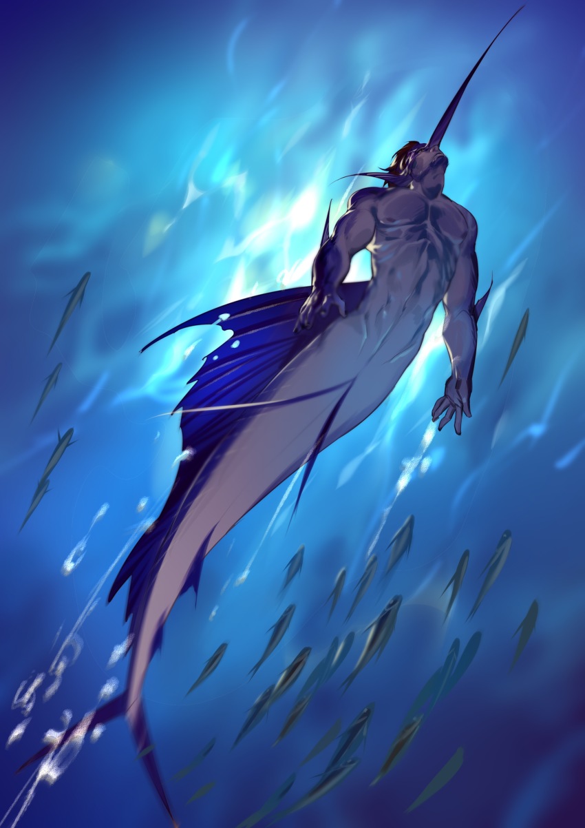 1boy, abs, absurdres, bara, brown_hair, completely_nude, crrispy_shark, fins, fish, from_below, highres, large_pectorals, male_focus, mermaid, merman, monster_boy, monster_girl, muscular, muscular_male, navel, nipples, nude, original, pectorals, short_hair, solo, stomach, swimming, underwater