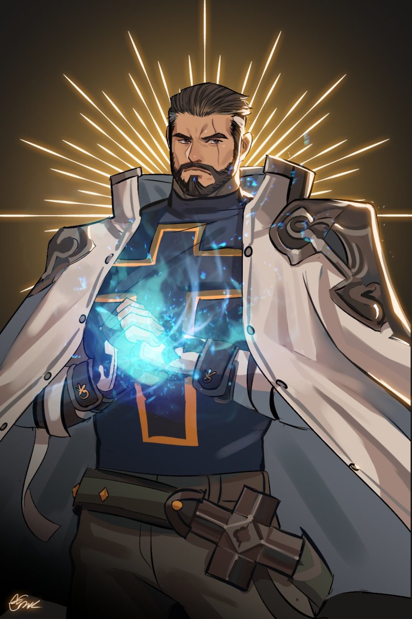 1boy, bara, beard, brk_603, brown_hair, coat, cowboy_shot, cross