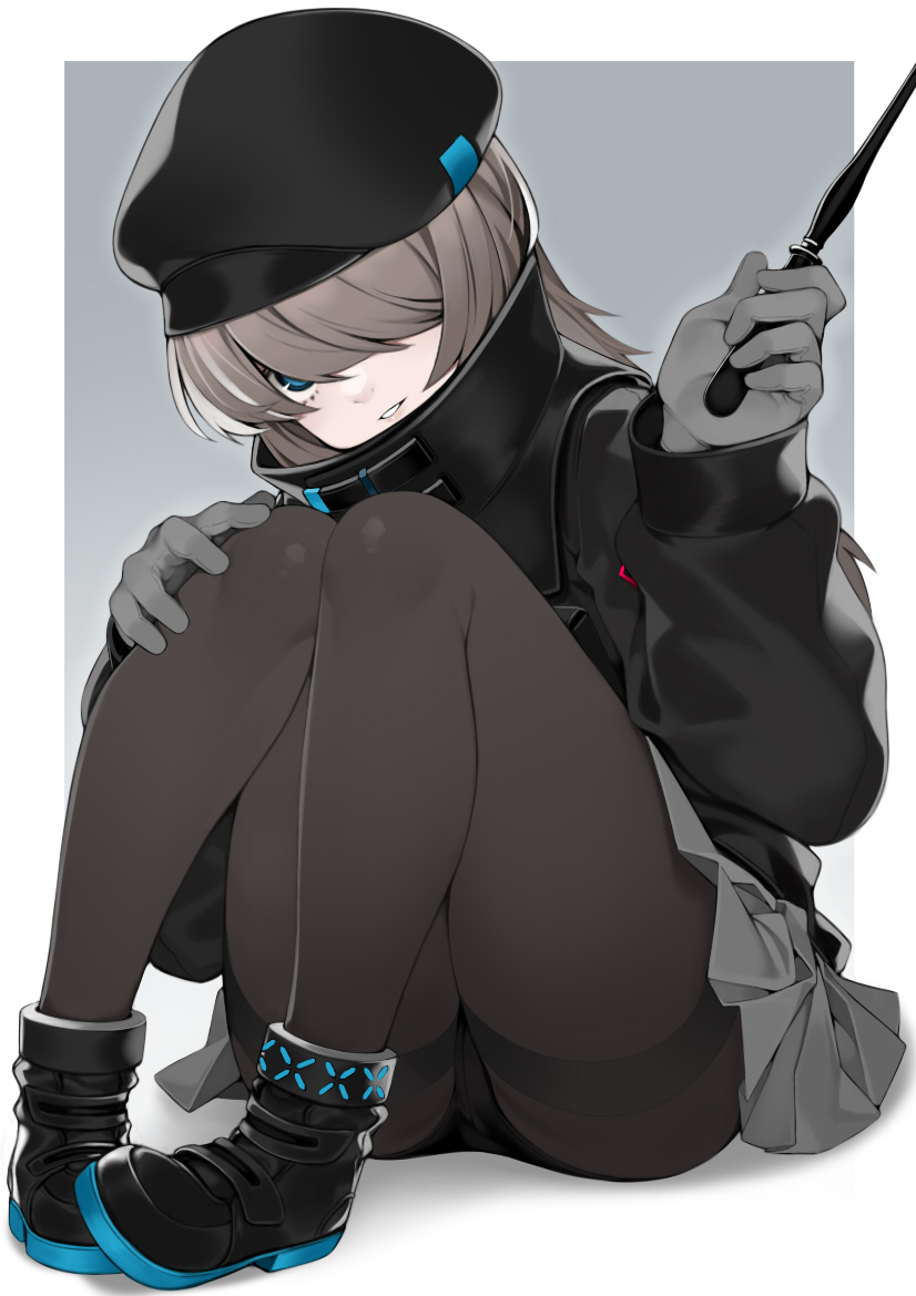 1girl, arknights, black_coat, black_hat, black_panties, black_pantyhose, black_shoes, blue_eyes, coat, e_draw_paint, gloves, grey_gloves, grey_hair, grey_skirt, hair_over_eyes, hair_over_one_eye, hat, holding, holding_wand, infection_monitor_(arknights), long_sleeves, looking_at_viewer, newsboy_cap, panties, panties_under_pantyhose, pantyhose, pleated_skirt, reserve_operator_(arknights), school_uniform, shoes, short_hair, skirt, smile, solo, thighband_pantyhose, underwear, wand