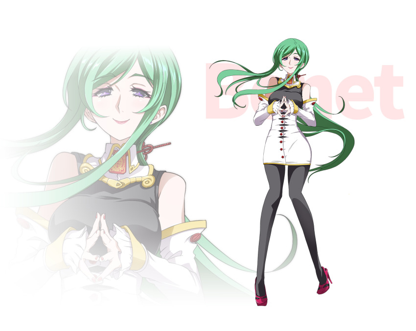 1girl, bad_link, benet_corryvrekan, breasts, character_name, detached_sleeves, dress, floating_hair, green_hair, hair_behind_ear, highres, large_breasts, leggings, long_hair, looking_at_viewer, nail_polish, nakama_asaki, own_hands_together, pantyhose, purple_eyes, red_nails, sidelocks, smile, solo, super_robot_wars, super_robot_wars_dd, transparent_background, very_long_hair, white_dress, zoom_layer